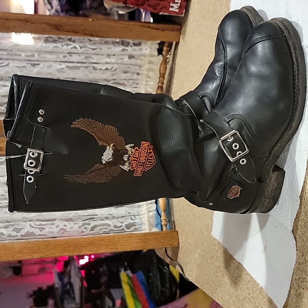 WOMAN'S HARLEY DAVIDSON EMBROIDERED TALL BLACK LEATHER MOTORCYLE BOOTS  SZ 8